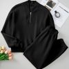 Women's Black Plain Half Zip V-Neck Ribbed Edge Loose Tracksuit - Image 7