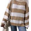 Women's Light French Beige Colorblock Striped Drop Shoulder Sweater with Side Slit - Image 21