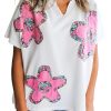 Women's White Floral Applique Notched V Neck Dolman Sleeve Top - Casual Summer Style - Image 13