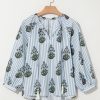 Women's Beau Blue Striped Floral Printed Long Sleeve Tied V Neck Blouse - Image 6