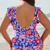 Chic Blue Floral Print Ruffled V Neck High Waist One Piece Swimwear for Women - Image 2