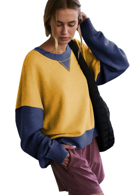 Women's Yellow Color Block Thumbhole Sleeve Drop Shoulder Crew Neck Sweatshirt