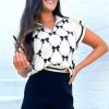 Women's Black Preppy Vibes Bow Print Zipped Collar Short Sleeve Sweater Tee - Image 3