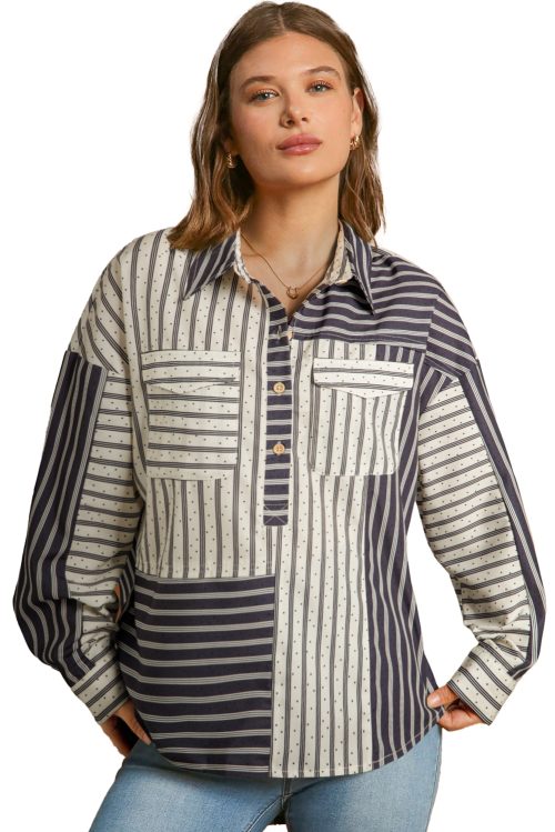 Women's Black Stripe 2-Tone Patchwork Blouse with Half Buttons and Chest Pockets