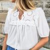 Women's White Embroidered Lace Patchwork Tie Neck Puff Short Sleeve Blouse - Image 14