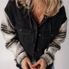 Women's Black Plaid Sleeve Hooded Denim Jacket - Stylish Fall Outerwear - Image 3