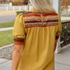 Chic Mustard Geometric Short Puff Sleeve Blouse with Frilled Collar - Image 2