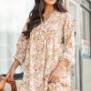 Women's Yellow Boho Floral V Neck Ruffled Empire Waist Long Sleeve Mini Dress - Image 4