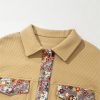 Women's Khaki Waffle Knit Floral Print Patchwork Button Up Jacket - Image 8