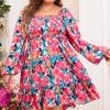 Women's Plus Size Rose Floral Smocked Square Neck Mini Dress - Image 3