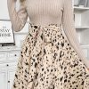 Women's Beige Patchwork Belted A-Line Dress with Long Sleeves - Image 3