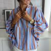 Women's Sky Blue Stripe Crinkled Ruffled Sleeve Button Up Loose Shirt - Image 3