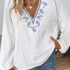 Women's White Paisley Embroidered Textured Split Neck Long Puff Sleeve Blouse - Image 5