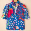 Women's Blue Abstract Print Frilled Collar Ruffled Puff Short Sleeve Top - Image 7
