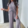 Women's Wild Wind Solid Corded Knit Short Sleeve T-Shirt and Wide Leg Pants Set - Image 2