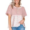 Women's Pink Waffle Floral Patchwork Short Sleeve Top with Exposed Seam Detail - Image 21