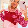 Trendy Women's Pink Floral Patch Color Block Top with Striped Sleeves - Image 3