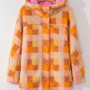 Women's Orange Checkered Sherpa Hooded Jacket - Image 5