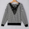 Women's Elegant Black Stripe Crochet Hollow-Out Back V Neck Top with Buttoned Shoulders - Image 6