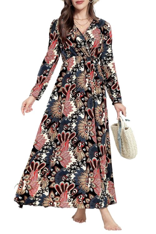 Women's Black Floral Print V Neck Wrap High Waist Maxi Dress