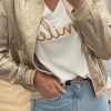 Women's Pale Khaki Metallic Zip Up Baseball Jacket - Image 2