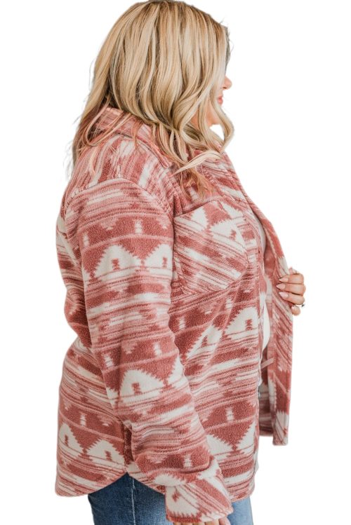 Plus Size Women's Pink Aztec Print Shacket with Chest Pockets