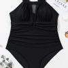 Plus Size Black Halter Mesh Insert One Piece Swimsuit with Knotted Back - Image 13