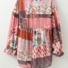 Women's Red Boho Geometric Mixed Print Bubble Sleeve Shirt - Vintage Chic Style - Image 6