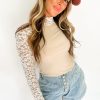 Women's Beige Floral Lace Patchwork Long Sleeve High Neck Slim Top - Image 3