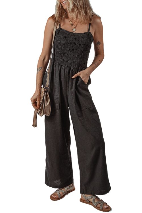 Women's Black Spaghetti Strap Shirred Bodice Wide Leg Jumpsuit with Pockets