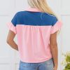 Women's Gossamer Pink Color Block Half Buttoned Ruffled Short Sleeve T-Shirt - Image 2