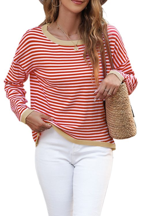 Women's Fiery Red Striped Drop Shoulder Sweater with Contrast Trim