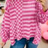 Women's Rose Red Checkerboard Striped Patchwork Lantern Sleeve Blouse with Pocket - Image 2