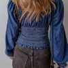 Women's Dark Blue Smocked Ruffled Puff Sleeve Denim V Neck Blouse - Image 2