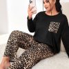 Plus Size Black Leopard Patched Pocket Long Sleeve Top & Pants Set - Image 6