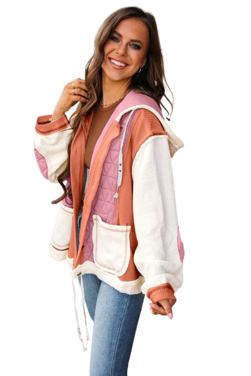 Women's Coral Quilted Textured Patchwork Hooded Jacket