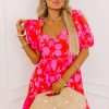 Women's Red Floral Bubble Sleeve Sweetheart Neck Ruffled Mini Dress - Image 5