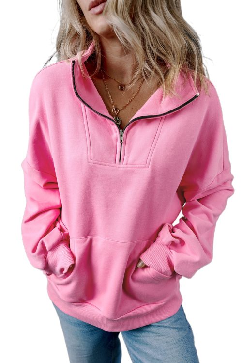 Women's Bonbon Pink Zip-up Stand Neck Kangaroo Pocket Sweatshirt