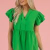 Women's Bright Green Double Ruffle Sleeve Peplum Blouse - Flattering V Neck Top - Image 13