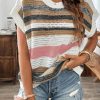 Women's Pink Stripe Color Block Eyelet Knit Short Sleeve Sweater Tee - Image 5