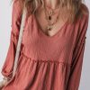 Women's Mineral Red Textured Frilled Trim V Neck Puff Sleeve Blouse - Chic and Casual - Image 3