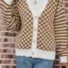 Women's Brown Checkered Striped Patched Buttoned V Neck Cardigan - Image 2