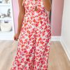 Women's Pink Floral Print Twisted Bandeau Keyhole Pleated Wide Leg Jumpsuit - Image 9