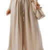 Women's Beige Drawstring Waist Pleated Wide Leg Casual Pants - Image 12