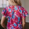 Women's Rose Red Floral Blouse with Ruffled Sleeves - Feminine V Neck Design - Image 7