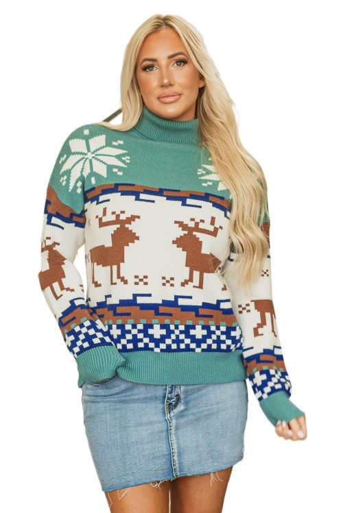 Women's Canton Christmas Reindeer Snowflake Colorblock Turtleneck Sweater