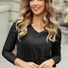 Women's Metallic Black Bowknot Open Back V Neck Long Sleeve Top - Image 4