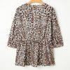 Plus Size Khaki Leopard Print Lace-up Ruffled 3/4 Sleeve Blouse - Feminine and Elegant - Image 6