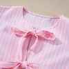 Women's Pink Stripe Bowknot Front Crew Neck Puff Sleeve Blouse - Image 6