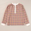 Women's Pink Colorblock Plaid Patchwork Henley Blouse - Casual and Chic - Image 3